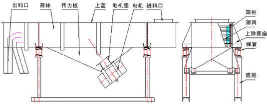直線振動篩內(nèi)部結(jié)構(gòu)：出料口，篩體，傳力板，上蓋，電機(jī)座，電機(jī)，進(jìn)料口，篩框，篩網(wǎng)，上彈簧座，彈簧，底腿。