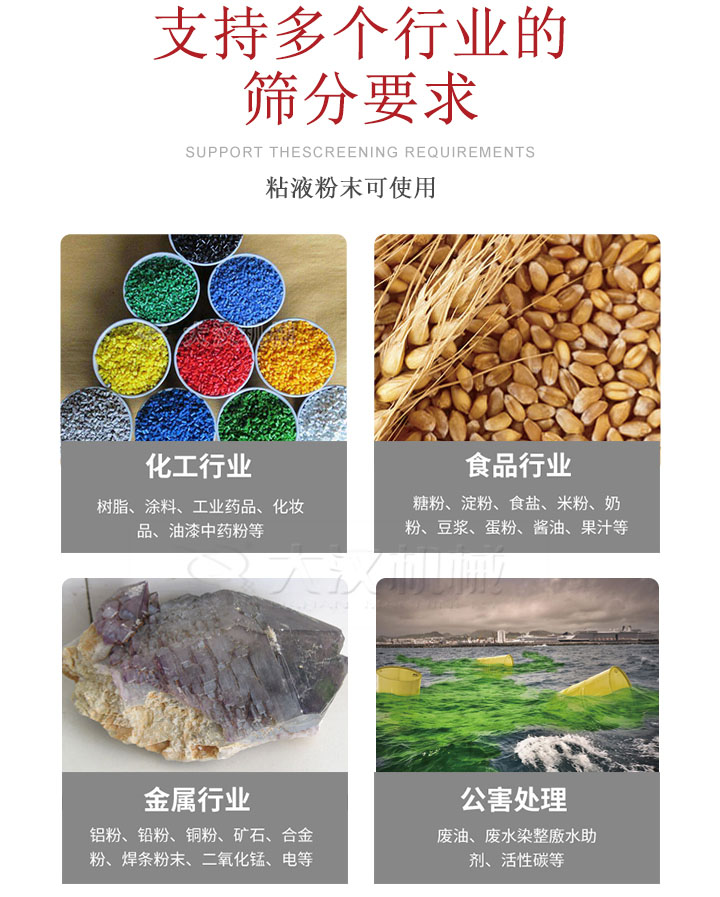 適用于化工行業(yè)，食品行業(yè)，金屬行業(yè)，以及公害處理等行業(yè)?；ば袠I(yè)：樹脂，涂料，工業(yè)藥品，化妝品，油漆，中藥粉等;食品行業(yè)：糖粉，淀粉，食用鹽，米粉，奶粉，豆?jié){，蛋粉，醬油，果汁等;金屬行業(yè)：鋁粉，鉛粉，銅粉，礦石，合金粉，焊條粉末，二氧化錳，電等。公害處理：廢油，廢水染整廒水助劑，活性炭等。超聲波振動篩支持挑選定制常見的有：不銹鋼，碳鋼，全不銹鋼三種規(guī)格。不銹鋼：耐腐蝕，耐高溫適合化工行業(yè),碳鋼：鋼性強，硬度高經(jīng)久耐用,全不銹鋼：機身經(jīng)久耐用不易生銹不易腐蝕超聲波振動篩共有一到四層可供選擇。大漢超聲波振動篩優(yōu)勢：篩分效率高，篩分精度高，產(chǎn)量可提高0.5-10倍適用于：大米，米粉，綠豆，小米等。輕松解決堵網(wǎng)問題適用10目-635目之間的物料。