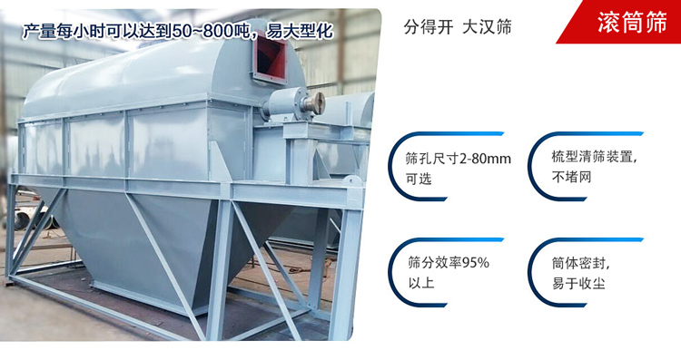 滾筒篩分開放式,封閉式兩種選擇無塵篩分。無軸滾筒：適用生活垃圾等一些有一定纏繞性物料;有軸滾筒：適用石料，砂土等含水量較少的物料