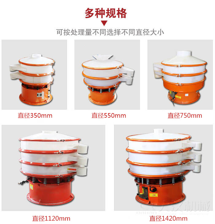 塑料振動(dòng)篩不同篩分直徑進(jìn)行展示：350，550，750，1120，1420等。