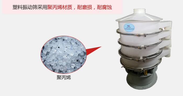 塑料振動篩主要采用塑料材質(zhì)，多用與有一定腐蝕性和與金屬有一定反應的物料使用。