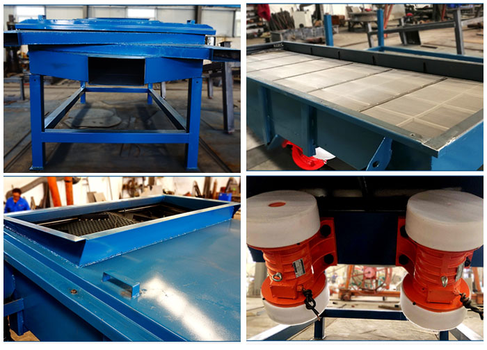 方形振動(dòng)篩出料口，篩網(wǎng)和網(wǎng)架，進(jìn)料口，振動(dòng)電機(jī)等細(xì)節(jié)展示。