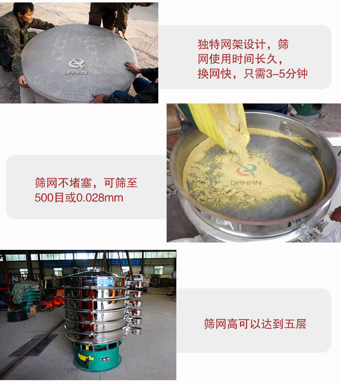三次元振動篩的特點：篩網(wǎng)使用時間長換讓時間短，篩網(wǎng)不堵塞，可篩至500目或0.028mm。
