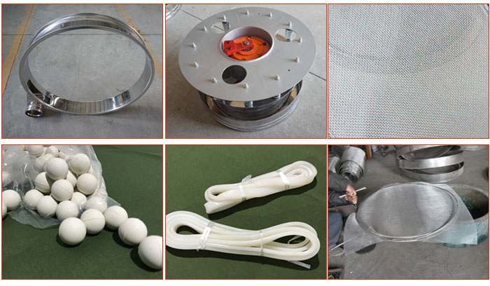 800型全不銹鋼振動(dòng)篩配件有：振動(dòng)篩篩框，電機(jī)，不銹鋼篩網(wǎng)等。