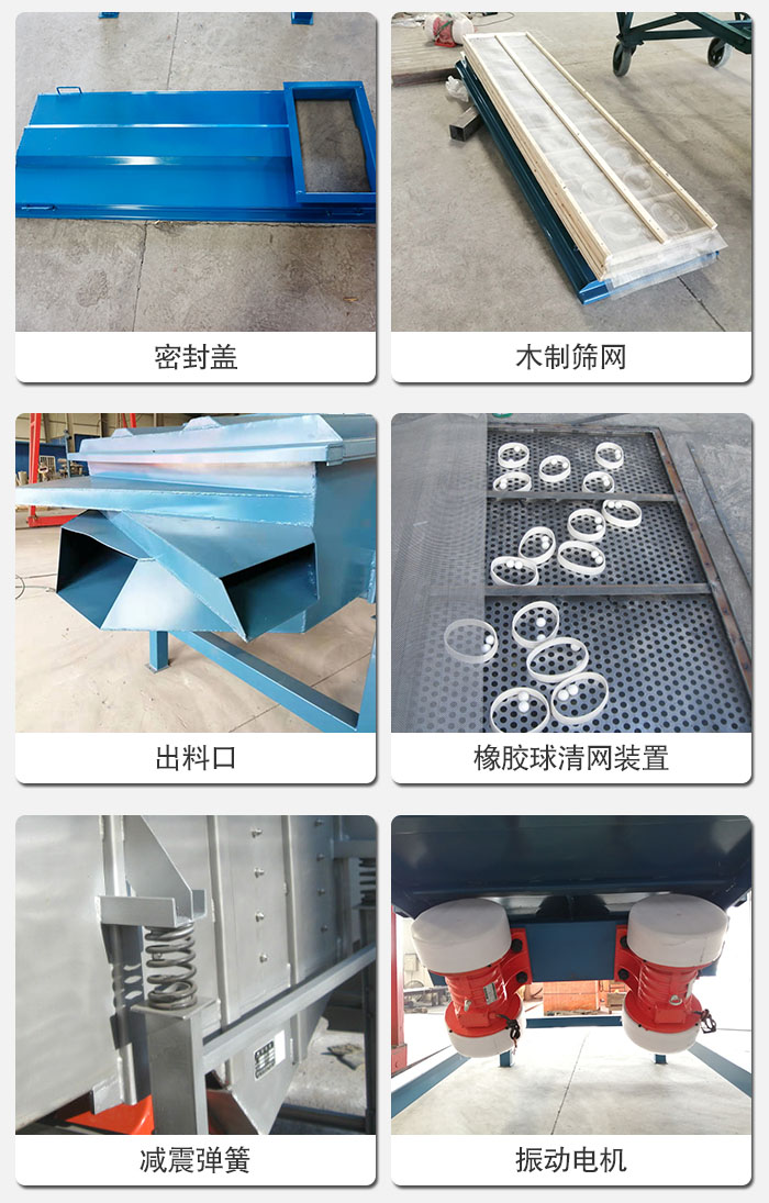 直線篩結(jié)構(gòu)展示：篩網(wǎng)，篩箱，振動(dòng)電機(jī)，振動(dòng)電機(jī)座，減震彈簧，支架等部件展示圖