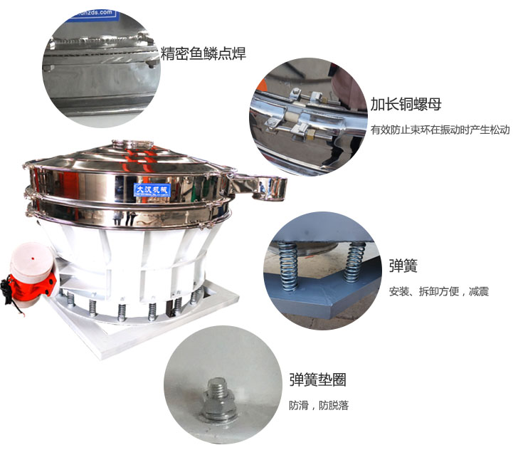 1500直排篩細節(jié)展示：彈簧，彈簧墊圈，加長銅螺母。