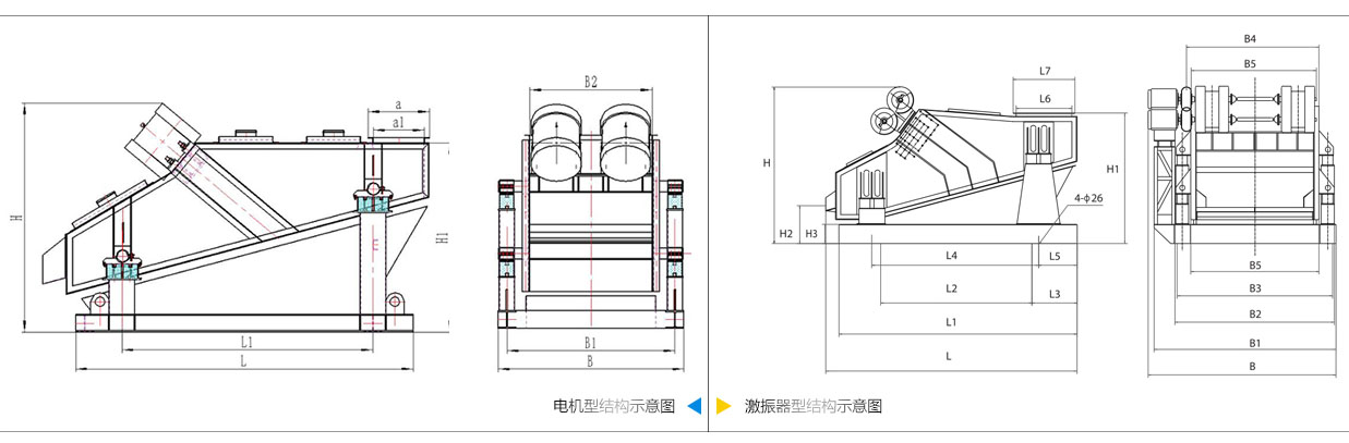 礦用振動篩電機振動式和激振器振動式的內部結構尺寸圖。