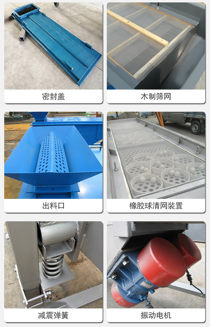 直線篩分機(jī)的結(jié)構(gòu)展示圖：篩箱是物料主要篩分設(shè)備之一，篩網(wǎng)用于篩分物料，振動(dòng)電機(jī)幫助篩網(wǎng)篩分。