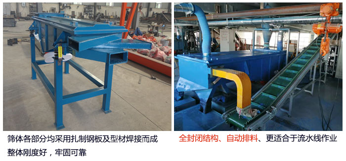 直線篩分機(jī)篩體各部分均采用扎制鋼板及型材焊接而成整體剛度好，牢固可靠；全封閉結(jié)構(gòu)、自動(dòng)排料、更適合于流水線作業(yè)。