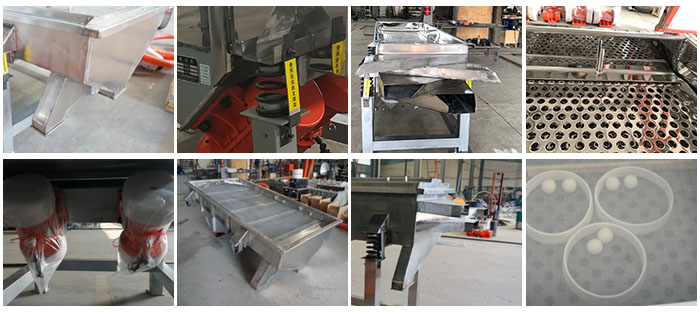 不銹鋼直線篩不同定制出料口，電機(jī)，篩網(wǎng)，篩箱，彈跳球等部件細(xì)節(jié)展示