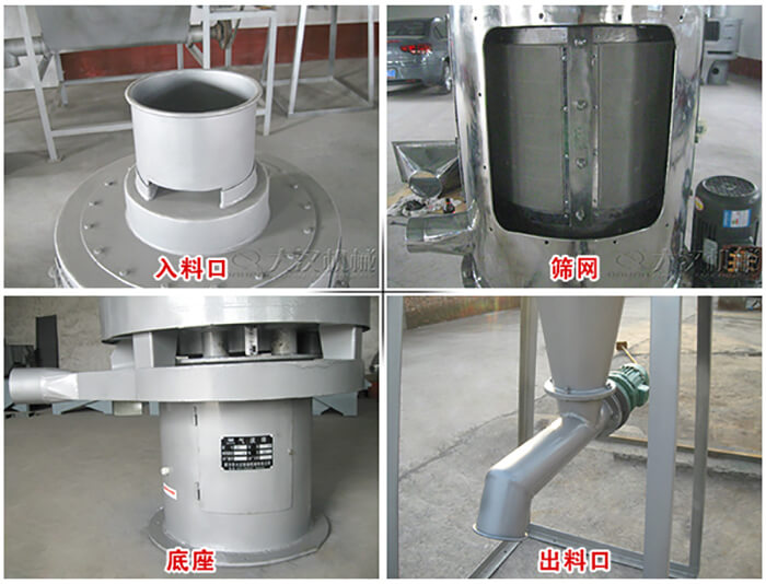 氣流篩部件展示：入料口，篩網(wǎng)，底座，出料口等。