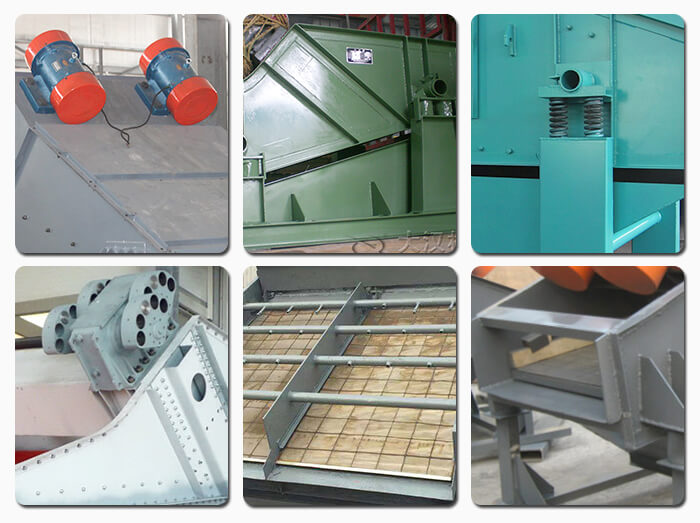 礦用振動篩主要由激振器、篩體、篩網、減振裝置及座架等組成。篩箱由篩框、篩板、襯板等組成