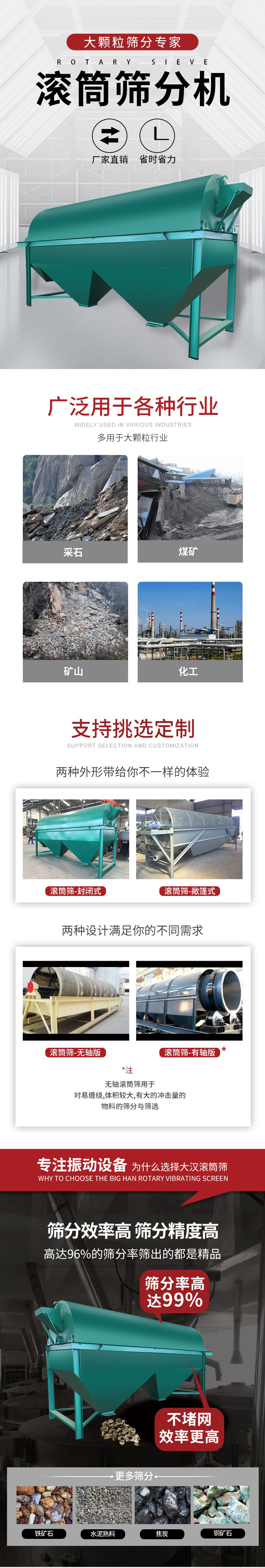 滾筒篩分機(jī)大顆粒篩分專家：廠家直銷，省時(shí)省力。滾筒篩被廣泛應(yīng)用各種行業(yè)：多用于大顆粒行業(yè)例如：采石，煤礦，礦山，化工等。滾筒篩定制類型有哪些：封閉式與敞篷式產(chǎn)品結(jié)構(gòu)分為：無軸式，有軸式兩種，無軸滾筒篩用于對(duì)纏繞，體積較大，有大的沖擊量的物料的篩分與篩選。滾筒篩篩分效率高篩分精度能夠達(dá)到：96%也比較適用于鐵礦石，水泥熟料，焦炭，銅礦石。滾筒篩特點(diǎn)：不飛粉末：密封隔離罩，密封性好，工作過程不會(huì)出現(xiàn)飛粉現(xiàn)象。外型尺寸是按筒體長計(jì)