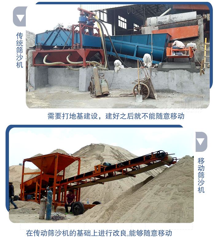 移動的篩沙機在安裝前需要打地基，而固定完畢后就不能隨意的移動，而移動篩沙機不需要打地并且隨時能夠進行移動。
