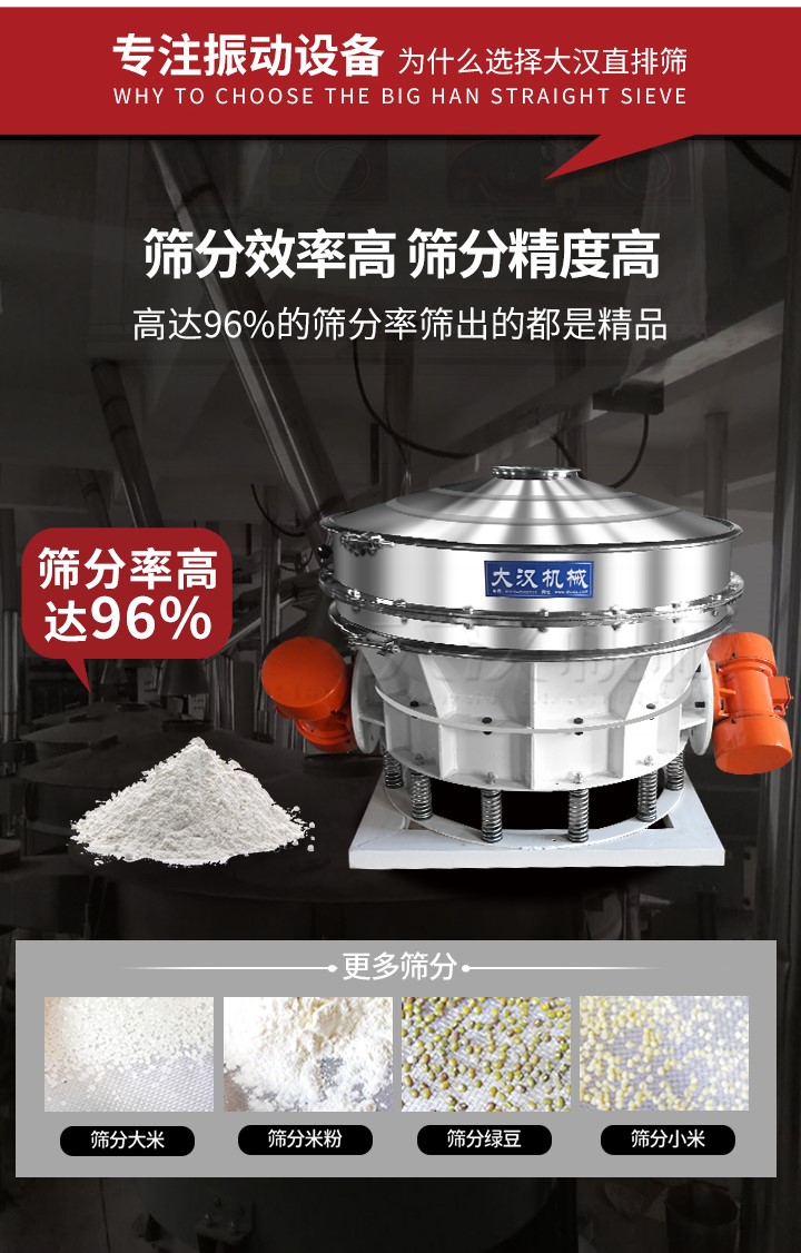 直排篩適用物料有面粉，淀粉，洗衣粉，金屬粉，添加劑，化工，非礦等行業(yè)。