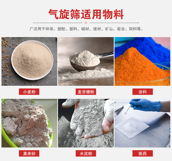 氣旋篩適用物料：小麥粉，麥芽糖粉，涂料，等粉狀物料。