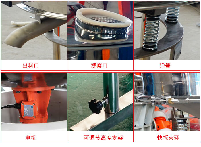 高頻篩細(xì)節(jié)展示：出料口，觀察口，彈簧，電機(jī)，可調(diào)節(jié)高度支架，快拆束環(huán)。
