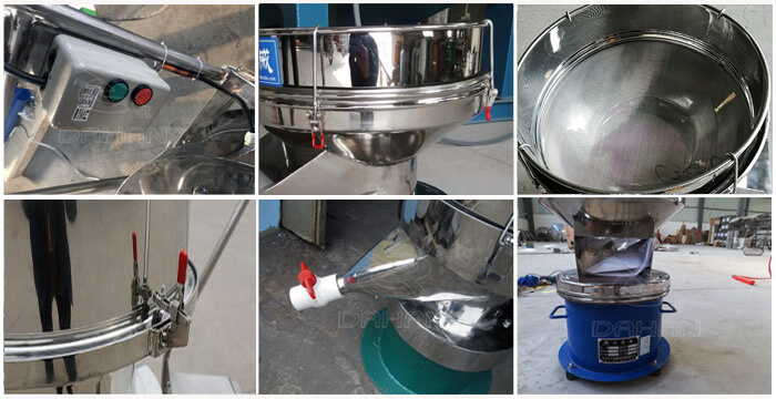 過濾篩細(xì)節(jié)展示：控制開關(guān)，篩框，出料口閥門，底座等