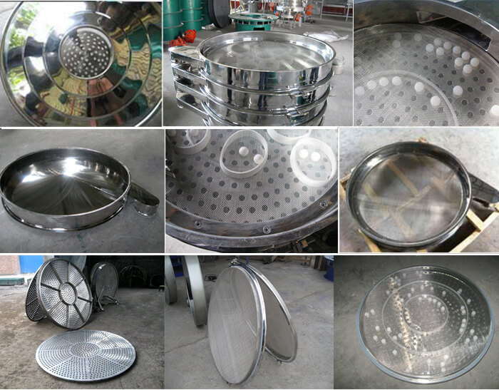 食品振動篩細節(jié)展示：防塵蓋，篩框，網(wǎng)架，底框等。